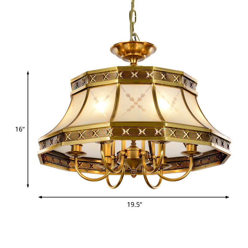 4 Bulbs Sandblasted Glass Chandelier Colonial Brass Bell Bedroom Pendant Lighting Fixture Clearhalo 'Ceiling Lights' 'Chandeliers' 'Glass shade' 'Glass' Lighting' 284879