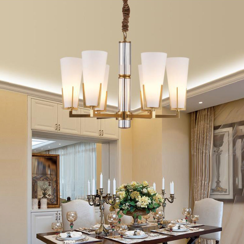 Colonial Conical Chandelier Lighting Fixture 6/8 Heads Frosted White Opal Glass Pendant Ceiling Light for Living Room Clearhalo 'Ceiling Lights' 'Chandeliers' 'Glass shade' 'Glass' Lighting' 284930