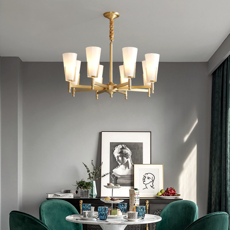 Colonial Conical Chandelier Lighting Fixture 6/8 Heads Frosted White Opal Glass Pendant Ceiling Light for Living Room Clearhalo 'Ceiling Lights' 'Chandeliers' 'Glass shade' 'Glass' Lighting' 284935