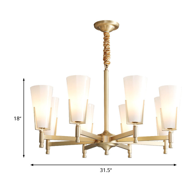 Colonial Conical Chandelier Lighting Fixture 6/8 Heads Frosted White Opal Glass Pendant Ceiling Light for Living Room Clearhalo 'Ceiling Lights' 'Chandeliers' 'Glass shade' 'Glass' Lighting' 284937
