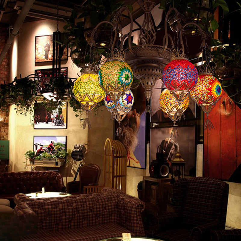 6 Lights Globe Hanging Chandelier Moroccan Brass Cut Glass Suspension Pendant for Dining Room Clearhalo 'Ceiling Lights' 'Chandeliers' 'Glass shade' 'Glass' 'Pendant Lights' Lighting' 285144