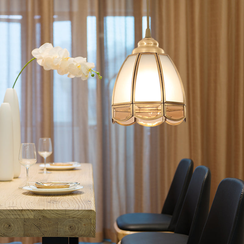 Frosted Glass Bowl/Flower/Wide Flare Hanging Lamp Kit Traditional Style 1 Light Dining Room Pendant Light in Brass Clearhalo 'Ceiling Lights' 'Glass shade' 'Glass' 'Pendant Lights' 'Pendants' Lighting' 285179