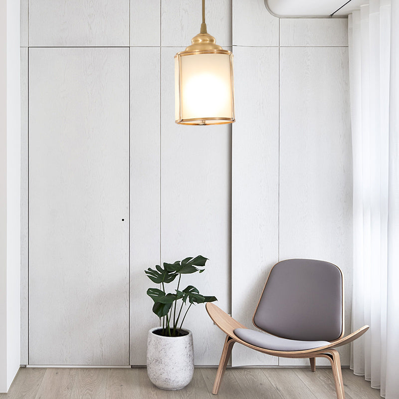 Cylinder White Glass Pendant Light Fixture Classic 5"/5.5"/6" Wide 1 Light Dining Room Hanging Lamp Kit Clearhalo 'Ceiling Lights' 'Glass shade' 'Glass' 'Pendant Lights' 'Pendants' Lighting' 285190
