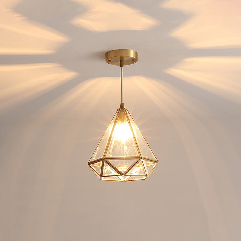 8"/10" Wide 1 Light Pendant Lighting Fixture Diamond Classic Clear Glass Hanging Lamp Kit in Brass Clearhalo 'Ceiling Lights' 'Chandeliers' 'Close To Ceiling Lights' 'Glass shade' 'Glass' 'Pendant Lights' 'Pendants' Lighting' 285212