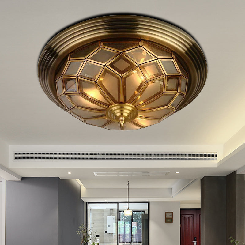 14"/18" Wide Frosted Glass Prismatic Flush Light Fixture Colonialism 3/4 Lights Bedroom Flushmount Lighting in Brass Brass Clearhalo 'Ceiling Lights' 'Close To Ceiling Lights' 'Close to ceiling' 'Flush mount' Lighting' 285237