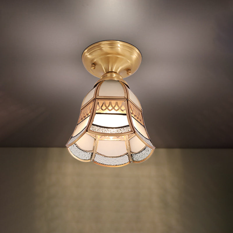 5"/6.5��� Wide 1 Light Frosted Glass Flush Light Colonial Style Brass Tapered Living Room Ceiling Flush Mount Brass Clearhalo 'Ceiling Lights' 'Close To Ceiling Lights' 'Close to ceiling' 'Flush mount' Lighting' 285255