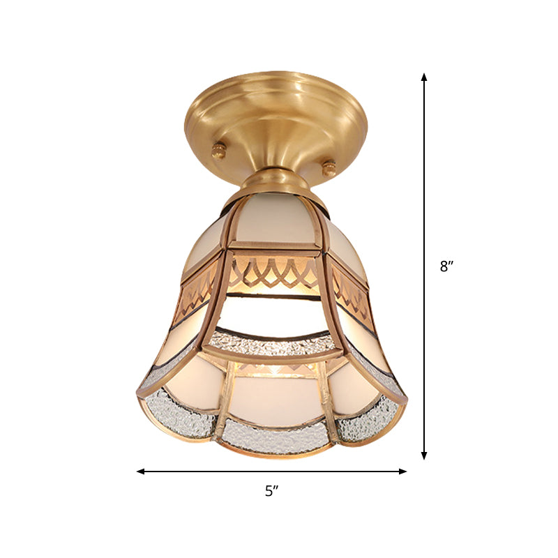 5"/6.5��� Wide 1 Light Frosted Glass Flush Light Colonial Style Brass Tapered Living Room Ceiling Flush Mount Clearhalo 'Ceiling Lights' 'Close To Ceiling Lights' 'Close to ceiling' 'Flush mount' Lighting' 285259