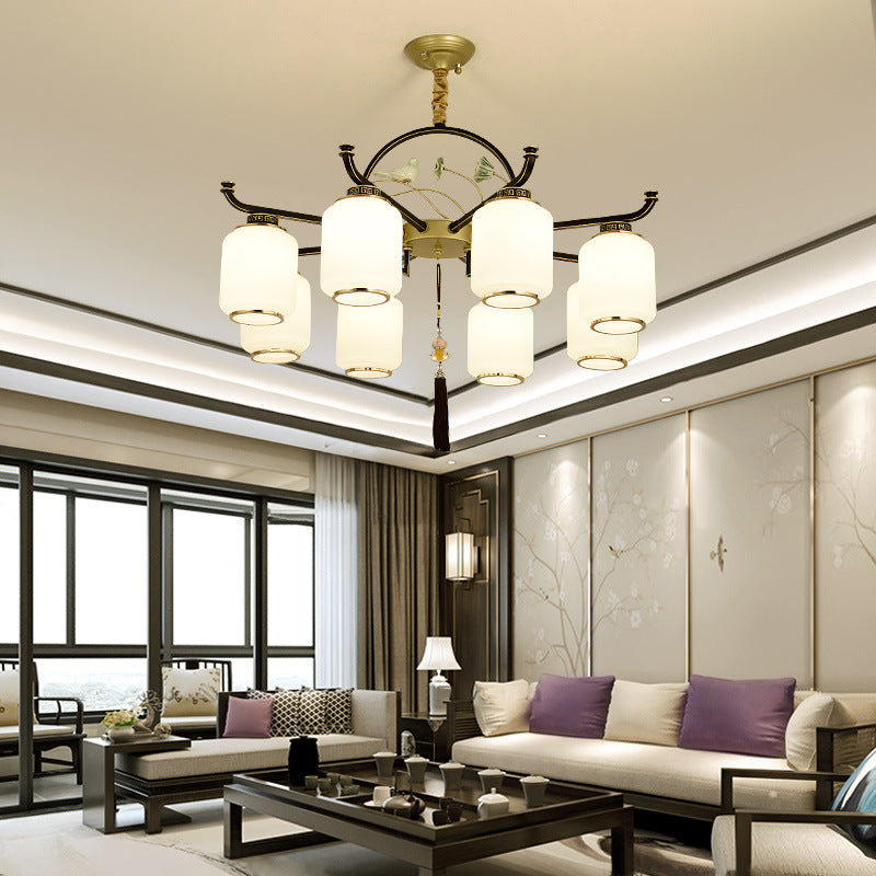 Frosted Glass Black and Gold Ceiling Chandelier Lantern 6/8/10 Lights Traditional Pendulum Light Clearhalo 'Ceiling Lights' 'Chandeliers' 'Glass shade' 'Glass' 'Pendant Lights' Lighting' 285404