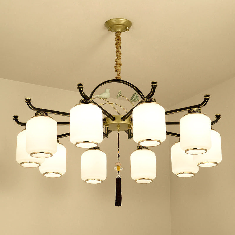 Frosted Glass Black and Gold Ceiling Chandelier Lantern 6/8/10 Lights Traditional Pendulum Light 10 Black-Gold Clearhalo 'Ceiling Lights' 'Chandeliers' 'Glass shade' 'Glass' 'Pendant Lights' Lighting' 285407