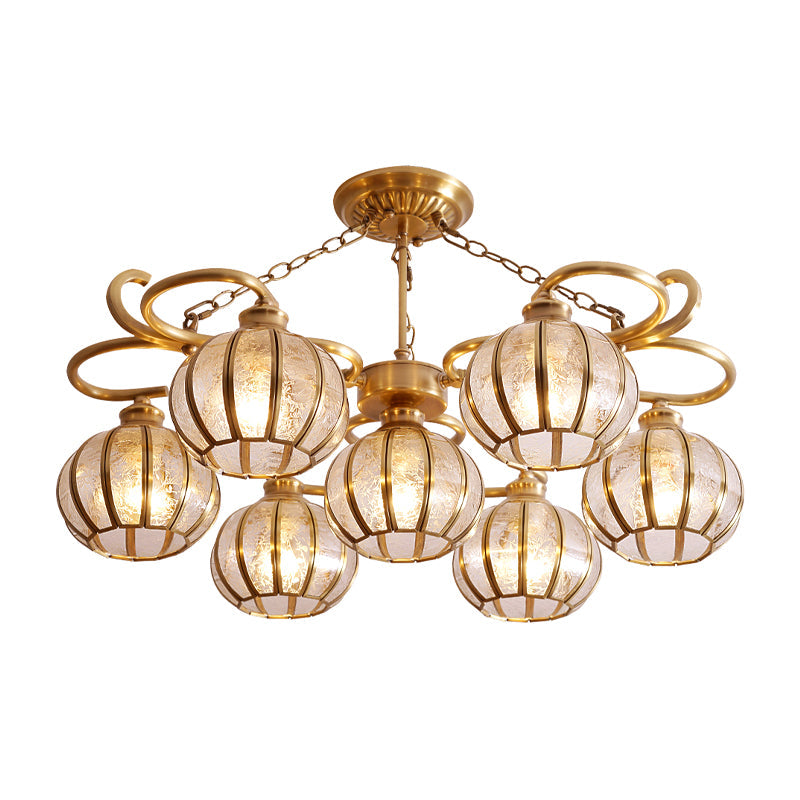 7 Heads Globe Semi Flush Light Traditional Gold Frosted Glass Ceiling Mounted Lamp Clearhalo 'Ceiling Lights' 'Chandeliers' 'Glass shade' 'Glass' 'Pendant Lights' Lighting' 285457