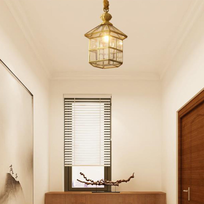 Gold Lantern Hanging Lamp Traditional Clear Frosted Glass 6.5"/8" Wide 1 Light Living Room Ceiling Suspension Light Clearhalo 'Ceiling Lights' 'Glass shade' 'Glass' 'Pendant Lights' 'Pendants' Lighting' 285614