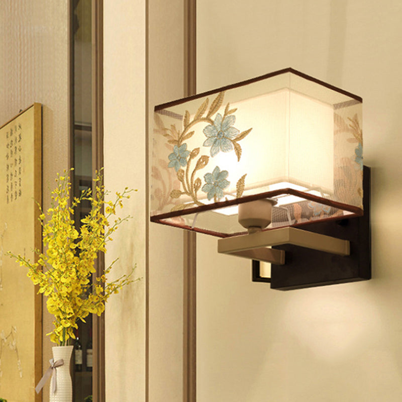 White Rectangle Wall Lamp Classic Metal 1 Light Bedside Sconce Light Fixture with Flower Pattern Clearhalo 'Wall Lamps & Sconces' 'Wall Lights' Lighting' 285850