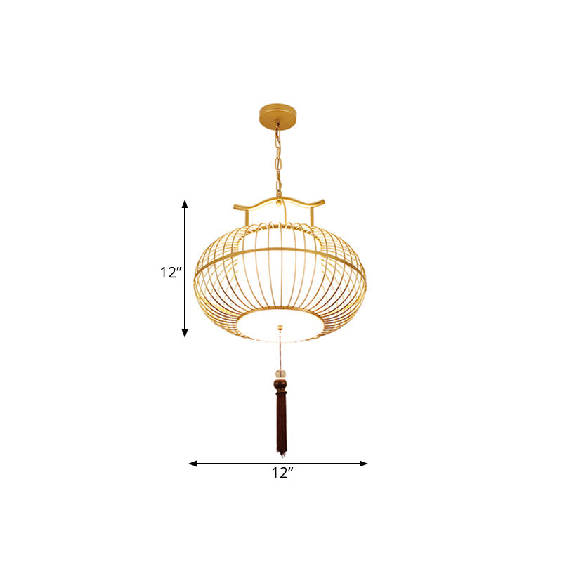Cylinder Dining Room Pendant Light Traditional Fabric 12"/16"/19.5" Wide 1 Light Black/Gold Hanging Lamp Kit with Cage Clearhalo 'Ceiling Lights' 'Pendant Lights' 'Pendants' Lighting' 286047