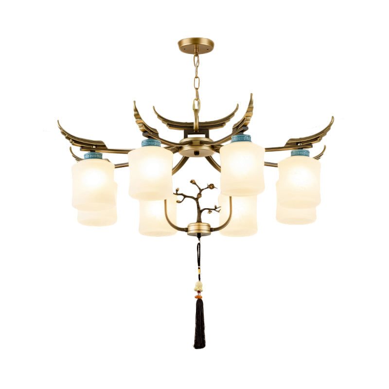 Cylinder Living Room Hanging Chandelier Traditional Style Metal 6/8/10 Lights Brass Ceiling Light with Frosted Glass Shade Clearhalo 'Ceiling Lights' 'Chandeliers' Lighting' options 286107