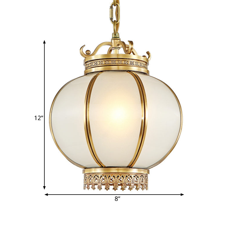 Frosted Glass Lantern Hanging Light Traditional 1 Light Bedroom Drop Pendant in Brass Clearhalo 'Ceiling Lights' 'Chandeliers' 'Glass shade' 'Glass' 'Pendant Lights' 'Pendants' Lighting' 286141