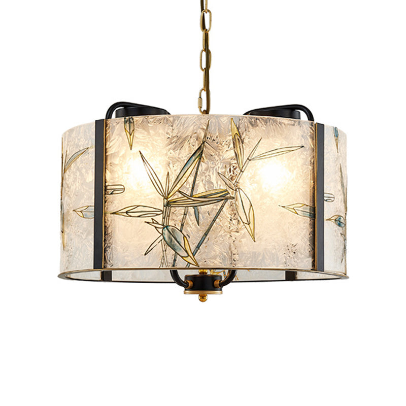 Classic Drum Suspension Pendant 4 Lights White Glass Pendulum Light for Living Room Clearhalo 'Ceiling Lights' 'Chandeliers' 'Glass shade' 'Glass' 'Pendant Lights' Lighting' 286169