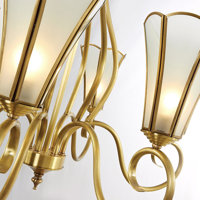 Gold Finish 6 Lights Chandelier Colonial Frosted Glass Flower Shaped Ceiling Pendant Light with Swirled Arm Clearhalo 'Ceiling Lights' 'Chandeliers' 'Glass shade' 'Glass' Lighting' 286465