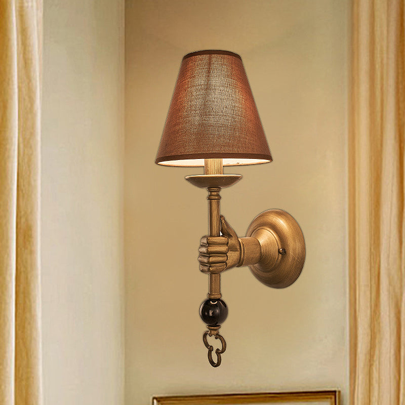 Cone Metal Wall Light Vintage 1 Bulb Bedroom Sconce Lighting Fixture in Brass with Fabric Shade Brass Clearhalo 'Wall Lamps & Sconces' 'Wall Lights' Lighting' 286794