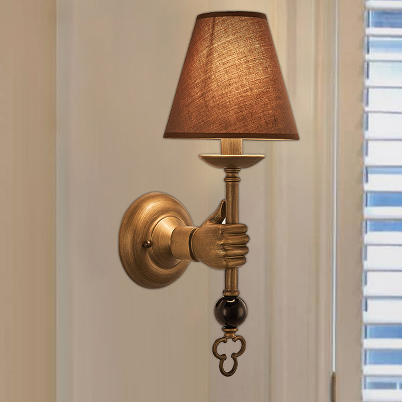 Cone Metal Wall Light Vintage 1 Bulb Bedroom Sconce Lighting Fixture in Brass with Fabric Shade Clearhalo 'Wall Lamps & Sconces' 'Wall Lights' Lighting' 286795