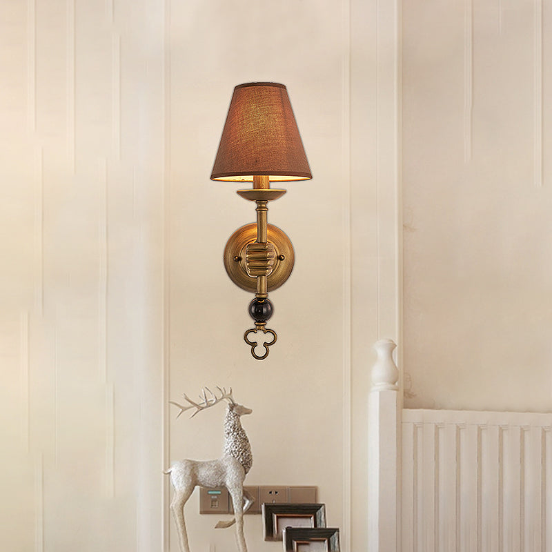 Cone Metal Wall Light Vintage 1 Bulb Bedroom Sconce Lighting Fixture in Brass with Fabric Shade Clearhalo 'Wall Lamps & Sconces' 'Wall Lights' Lighting' 286796