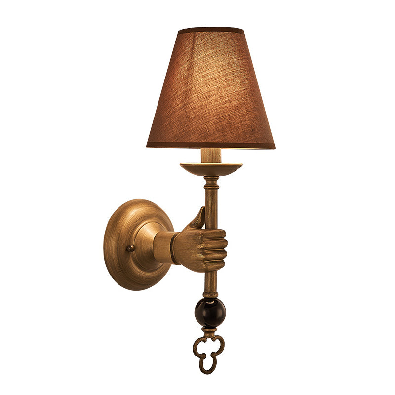 Cone Metal Wall Light Vintage 1 Bulb Bedroom Sconce Lighting Fixture in Brass with Fabric Shade Clearhalo 'Wall Lamps & Sconces' 'Wall Lights' Lighting' 286797
