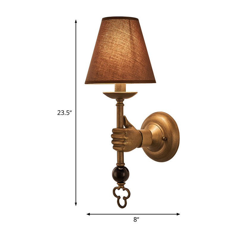Cone Metal Wall Light Vintage 1 Bulb Bedroom Sconce Lighting Fixture in Brass with Fabric Shade Clearhalo 'Wall Lamps & Sconces' 'Wall Lights' Lighting' 286798