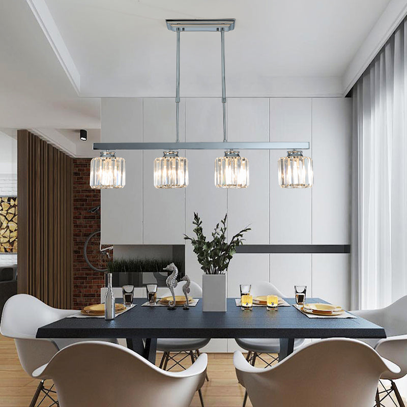 Linear Dining Room Hanging Light Fixture Simple Tri-Sided Crystal Rod 3/4 Heads Silver Island Lamp Clearhalo 'Ceiling Lights' 'Island Lights' Lighting' 286926