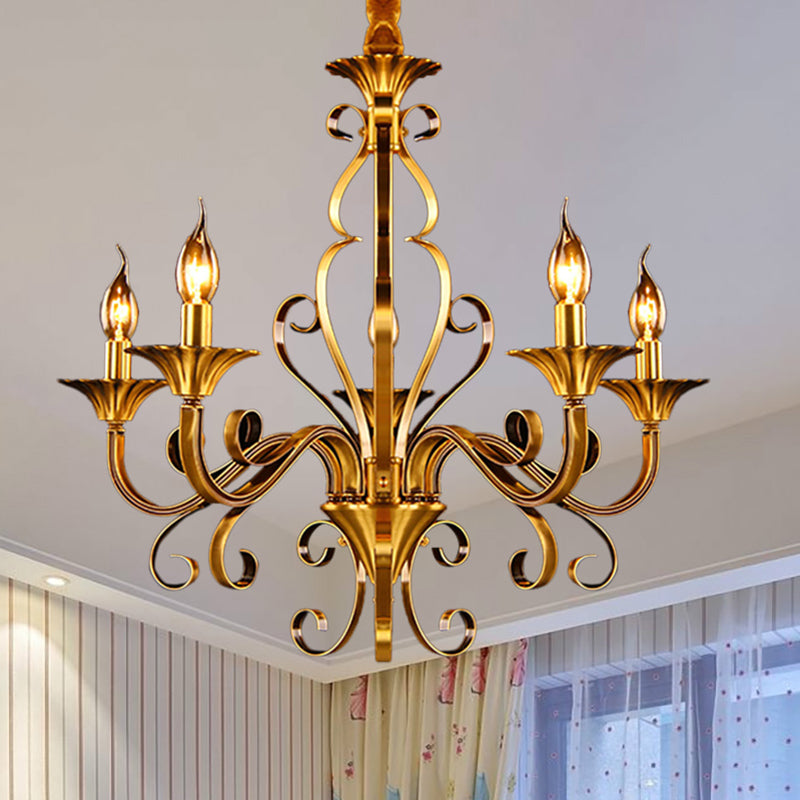 5/6/8 Lights Chandelier Pendant Lamp Colonialism Candle Shape Metal Ceiling Suspension Light in Gold Clearhalo 'Ceiling Lights' 'Chandeliers' 'Glass shade' 'Glass' Lighting' 287043