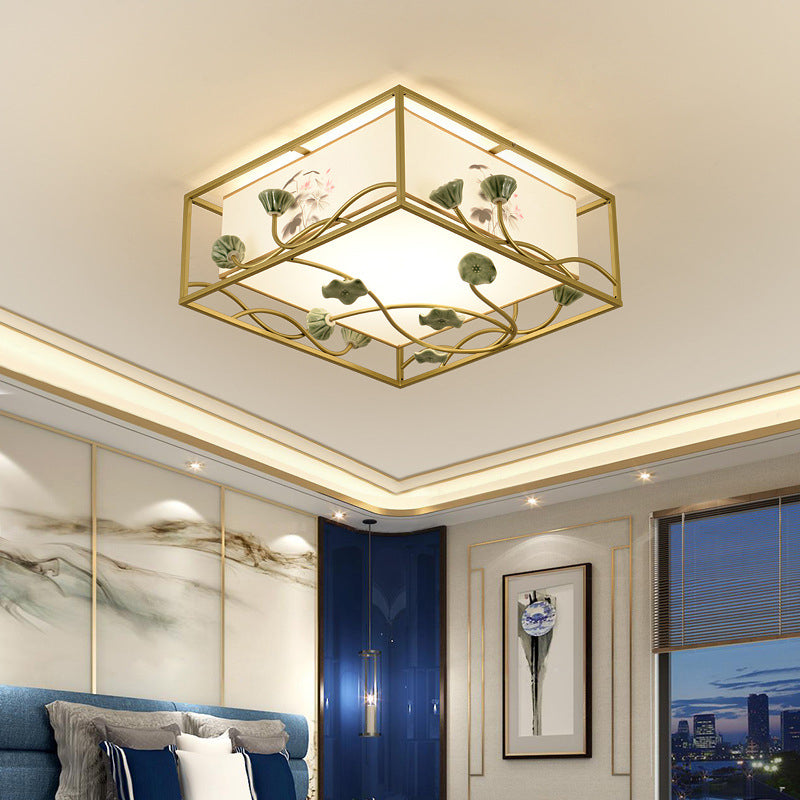 Square Fabric Flush Mount Lighting Traditional 19.5"/23.5" Wide 5 Lights Bedroom Ceiling Fixture in White White Clearhalo 'Ceiling Lights' 'Close To Ceiling Lights' 'Close to ceiling' 'Flush mount' Lighting' 287139