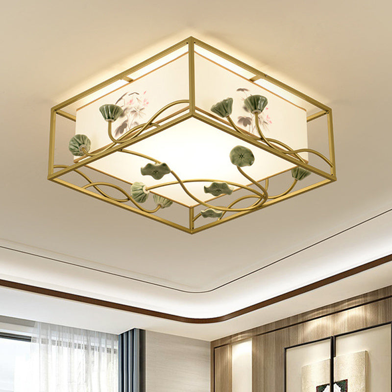 Square Fabric Flush Mount Lighting Traditional 19.5"/23.5" Wide 5 Lights Bedroom Ceiling Fixture in White Clearhalo 'Ceiling Lights' 'Close To Ceiling Lights' 'Close to ceiling' 'Flush mount' Lighting' 287140