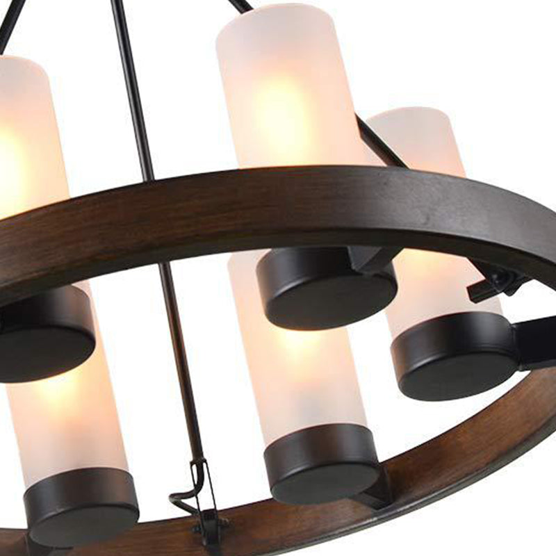 6 Heads Cylinder Chandelier Lighting Traditional Black Frosted White Glass Suspension Pendant Lamp with Wheel Design Clearhalo 'Ceiling Lights' 'Chandeliers' 'Glass shade' 'Glass' Lighting' 287414