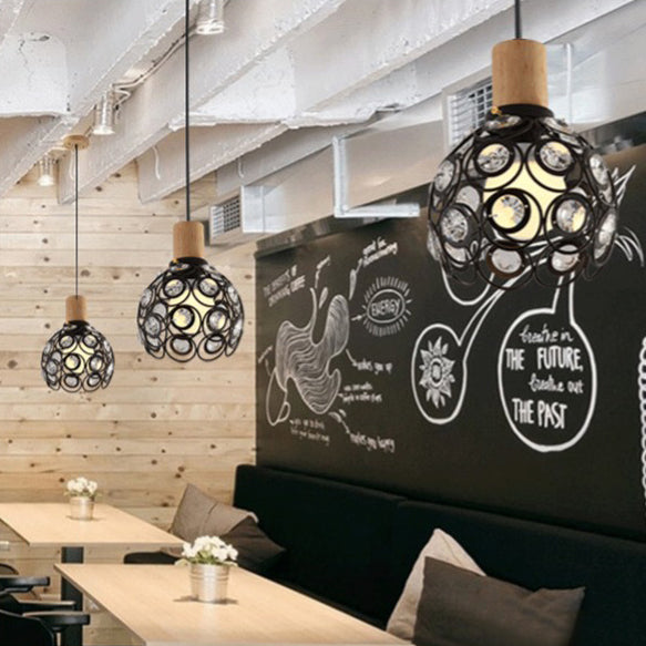 Industrial Style Dome Hanging Ceiling Light with Clear Crystal Bead Deco 1 Head Pendant Light in Black/White for Restaurant Clearhalo 'Art Deco Pendants' 'Black' 'Cast Iron' 'Ceiling Lights' 'Ceramic' 'Crystal' 'Industrial Pendants' 'Industrial' 'Metal' 'Middle Century Pendants' 'Pendant Lights' 'Pendants' 'Rustic Pendants' 'Tiffany' Lighting' 28750
