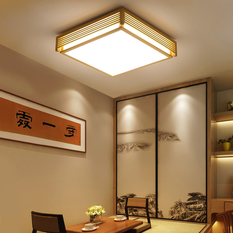 Square Box Acrylic Flush Mount Light 14"/18"/21.5"W Simple LED Beige Ceiling Lighting in Warm/White Light with Wood Guard Clearhalo 'Ceiling Lights' 'Close To Ceiling Lights' 'Close to ceiling' 'Flush mount' Lighting' 287827