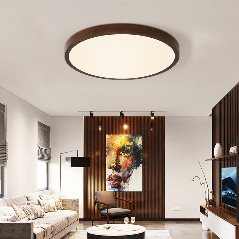 Brown Round Ceiling Flush Light Nordic 12"/16"/19.5" Wide LED Wooden Flushmount Lighting in Warm/White/Natural Light Brown Warm Clearhalo 'Ceiling Lights' 'Close To Ceiling Lights' 'Close to ceiling' 'Flush mount' Lighting' 287881