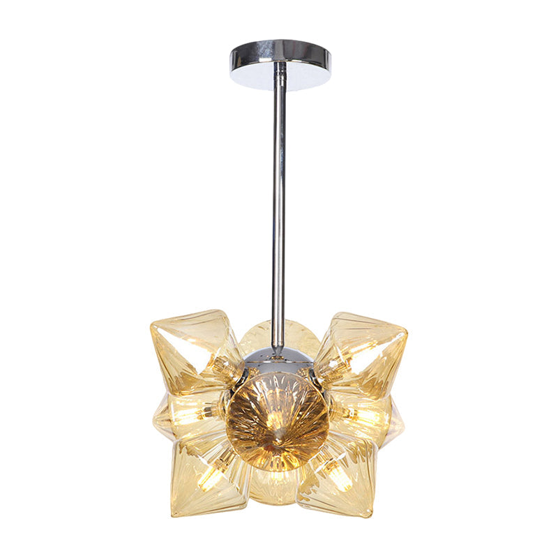 Chrome Diamond Chandelier Lamp Contemporary 9/12 Bulbs Amber Glass Hanging Ceiling Lamp Clearhalo 'Ceiling Lights' 'Chandeliers' 'Glass shade' 'Glass' 'Modern Chandeliers' 'Modern' Lighting' 288045