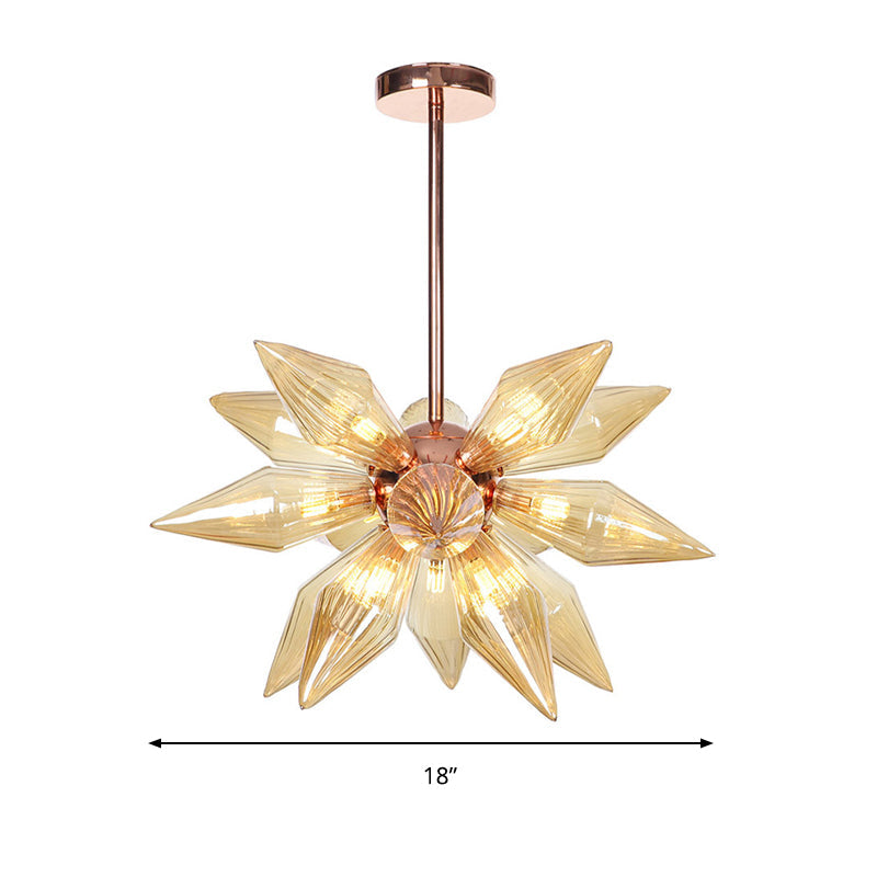 Amber Glass Diamond Chandelier Modernism 9/12 Heads Rose Gold Ceiling Pendant Light for Living Room Clearhalo 'Ceiling Lights' 'Chandeliers' 'Glass shade' 'Glass' 'Modern Chandeliers' 'Modern' Lighting' 288075