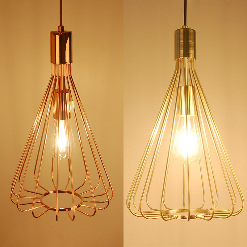 1 Bulb Conical Hanging Light with Cage Shade Vintage Loft Polished Brass/Copper Metallic Pendant Lamp for Kitchen Clearhalo 'Art Deco Pendants' 'Cast Iron' 'Ceiling Lights' 'Ceramic' 'Crystal' 'Industrial Pendants' 'Industrial' 'Metal' 'Middle Century Pendants' 'Pendant Lights' 'Pendants' 'Tiffany' Lighting' 28814