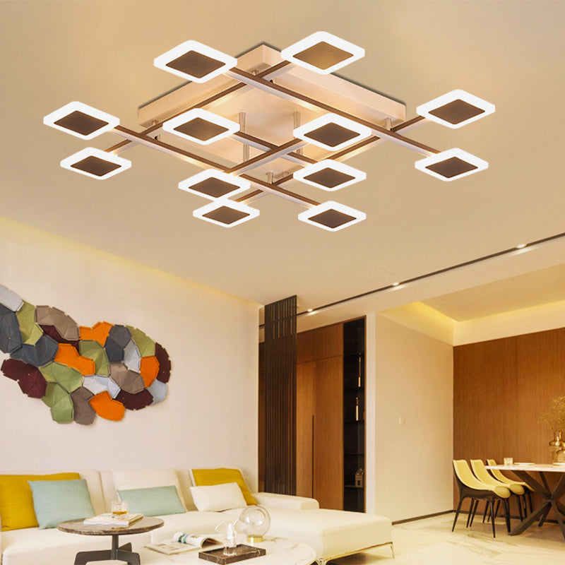 Square Semi-Flush Mount Simple Acrylic 31.5"/35.5" Wide 9/12 Heads Brown Ceiling Light Fixture in Warm/White Light Brown 31.5" White Clearhalo 'Ceiling Lights' 'Close To Ceiling Lights' 'Close to ceiling' 'Semi-flushmount' Lighting' 288253