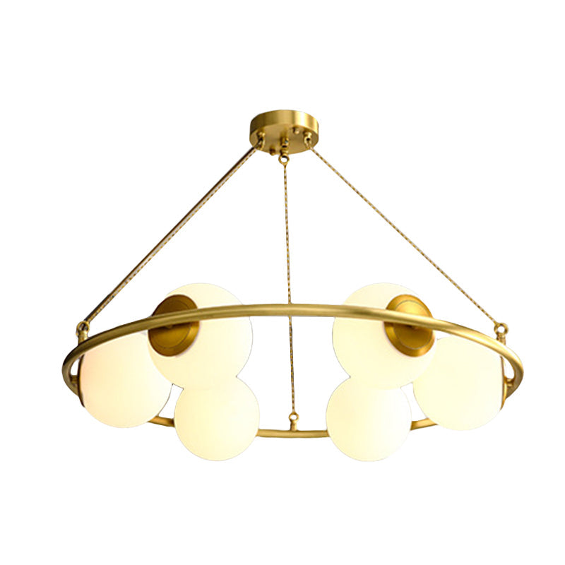 Circular Chandelier Light Postmodern Metal 6/8 Lights Brass Hanging Lamp Kit with Globe Frosted Glass Shade Clearhalo 'Ceiling Lights' 'Chandeliers' 'Glass shade' 'Glass' 'Island Lights' 'Modern Chandeliers' 'Modern' 'Pendant Lights' Lighting' 288285