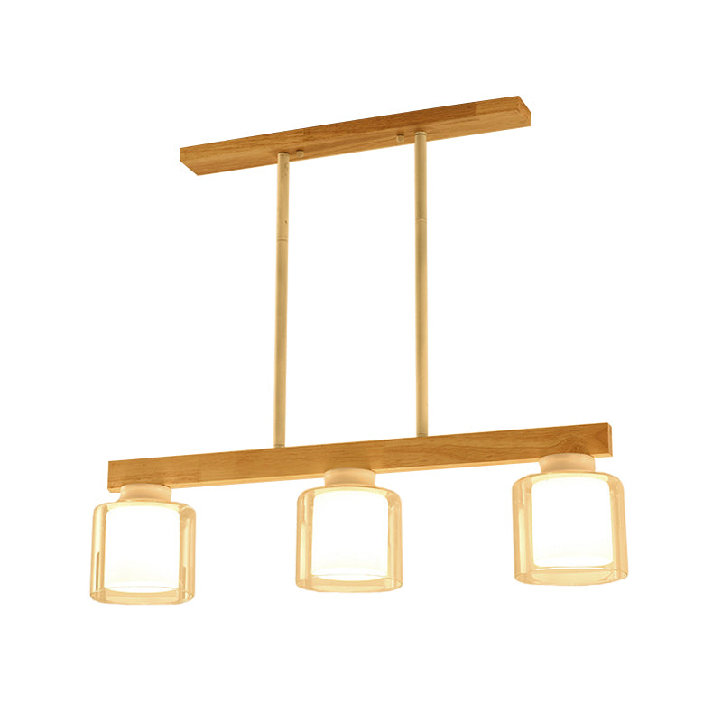 Nordic Linear Island Light Wood 3/4 Heads Dining Room Hanging Lamp with Cylinder White Glass Shade Inside Clearhalo 'Ceiling Lights' 'Chandeliers' 'Glass shade' 'Glass' 'Island Lights' Lighting' 288654