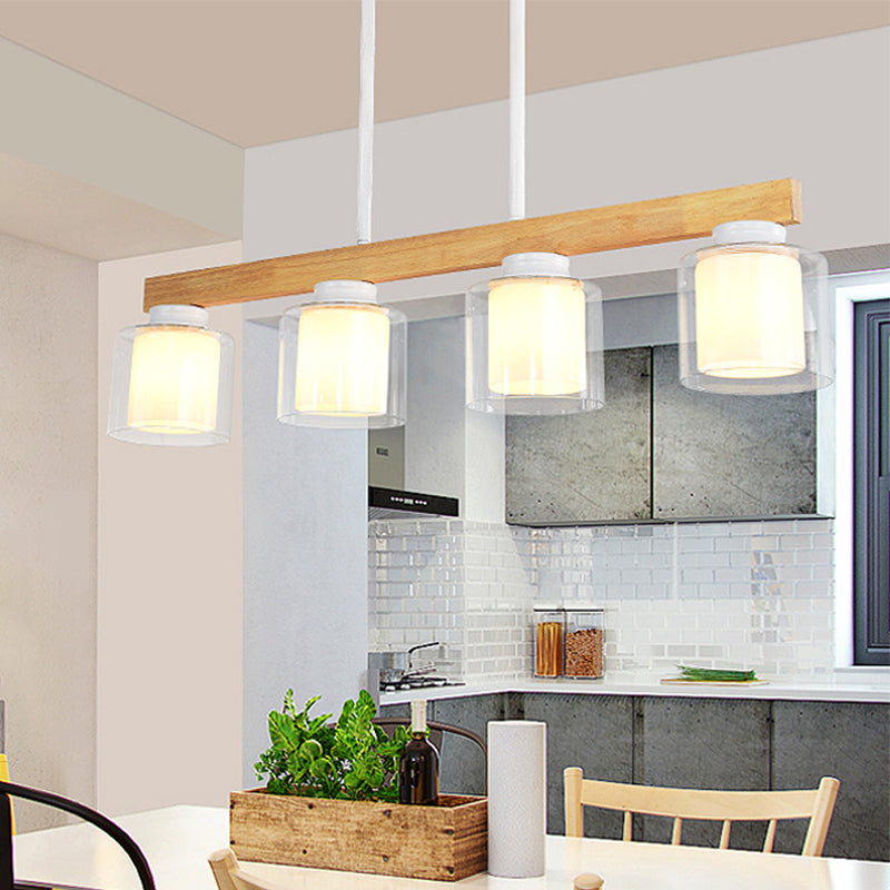 Nordic Linear Island Light Wood 3/4 Heads Dining Room Hanging Lamp with Cylinder White Glass Shade Inside Clearhalo 'Ceiling Lights' 'Chandeliers' 'Glass shade' 'Glass' 'Island Lights' Lighting' 288657