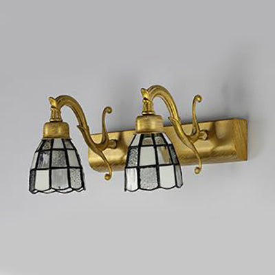 Dome Stainless Glass Vanity Lamp Tiffany Style 2 Lights Brass/Copper/Antique Brass Wall Sconce with Square/Blue Square Pattern Brass Square Clearhalo 'Cast Iron' 'Glass' 'Industrial' 'Middle century wall lights' 'Modern' 'Tiffany wall lights' 'Tiffany' 'Traditional wall lights' 'Vanity Lights' 'Wall Lights' Lighting' 28876