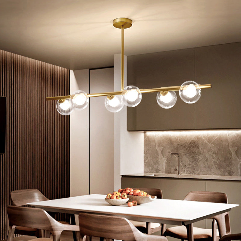 Linear Island Light Fixture Nordic Metal 6 Heads Gold Hanging Lamp with Globe Clear Glass Shade Clearhalo 'Ceiling Lights' 'Glass shade' 'Glass' 'Island Lights' 'Pendant Lights' Lighting' 288948