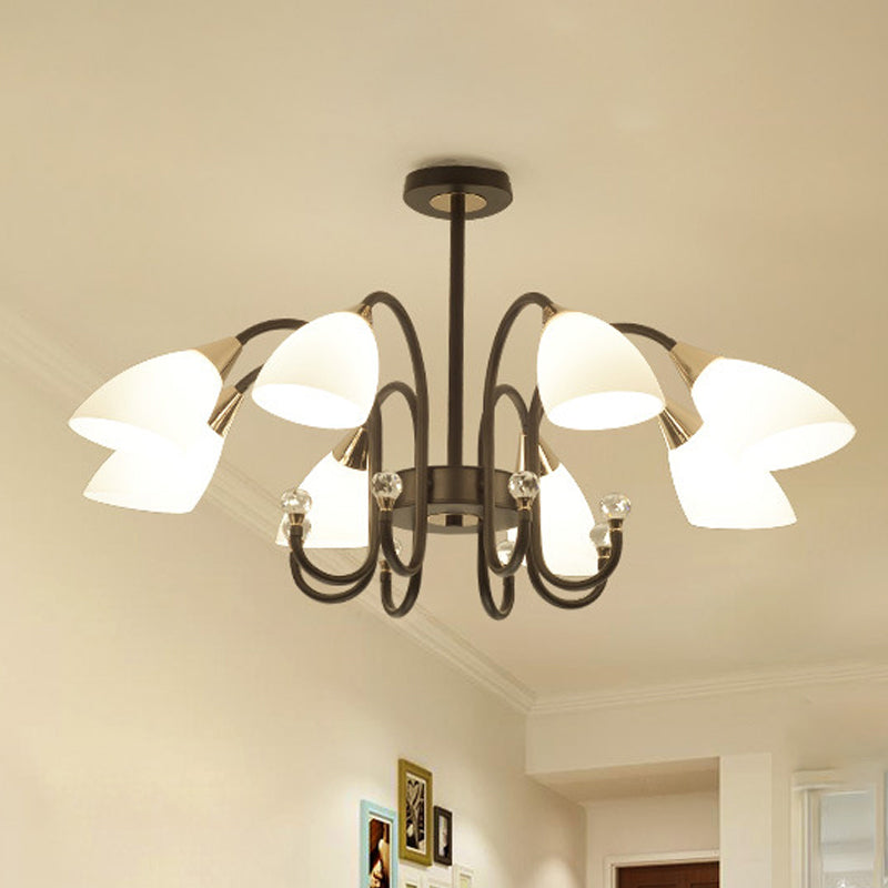 Black Curve Arm Hanging Ceiling Light Rustic 6/8/10 Heads Black Iron Chandelier Light with Cone Frosted Glass Shade 8 Black Clearhalo 'Ceiling Lights' 'Chandeliers' 'Close To Ceiling Lights' 'Glass shade' 'Glass' 'Modern Chandeliers' 'Modern' Lighting' 289186
