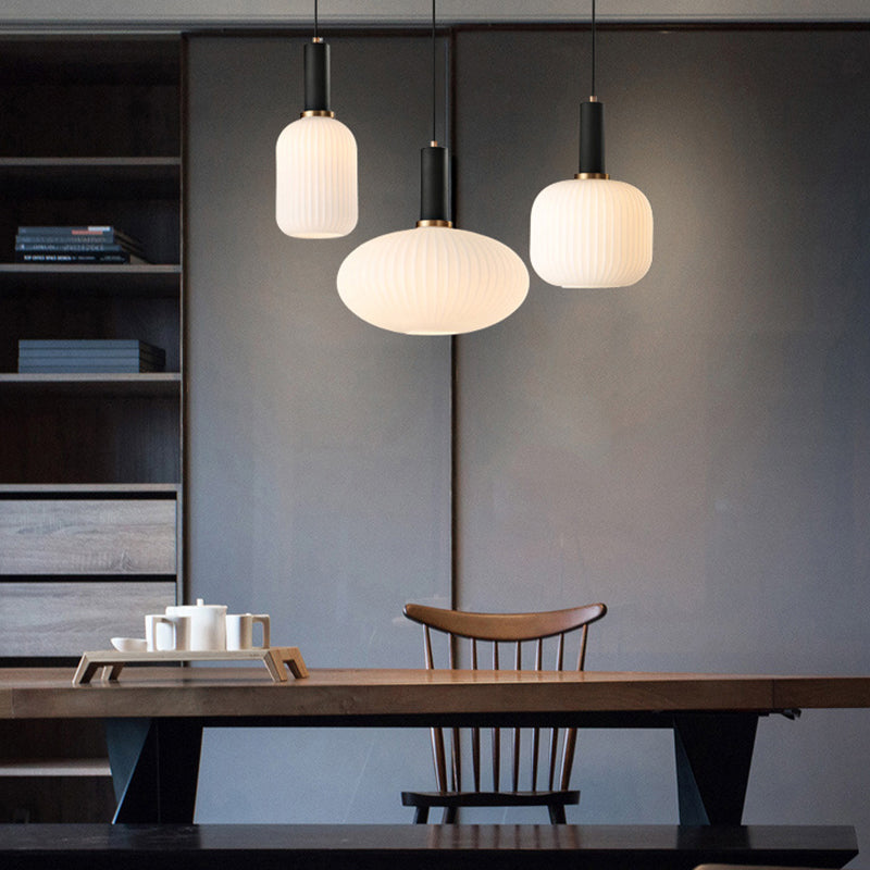 1 Head Dining Room Pendant Light Macaron Black/Pink/Blue Hanging Lamp with Cylinder/Oval/Drum White Glass Shade, 5"/8"/12" Wide Clearhalo 'Ceiling Lights' 'Glass shade' 'Glass' 'Modern Pendants' 'Modern' 'Pendant Lights' 'Pendants' Lighting' 289650