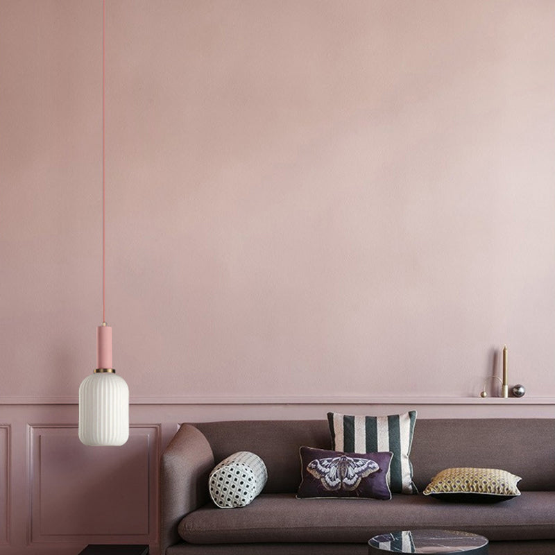 1 Head Dining Room Pendant Light Macaron Black/Pink/Blue Hanging Lamp with Cylinder/Oval/Drum White Glass Shade, 5"/8"/12" Wide Clearhalo 'Ceiling Lights' 'Glass shade' 'Glass' 'Modern Pendants' 'Modern' 'Pendant Lights' 'Pendants' Lighting' 289662