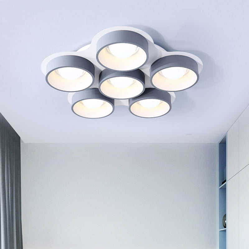 Minimalist Drum LED Ceiling Lamp Metal 4/6 Lights 21.5"/32.5" W Bedroom Flush Mount Ceiling Lighting Fixture in Grey Clearhalo 'Ceiling Lights' 'Close To Ceiling Lights' 'Close to ceiling' 'Flush mount' Lighting' 291496