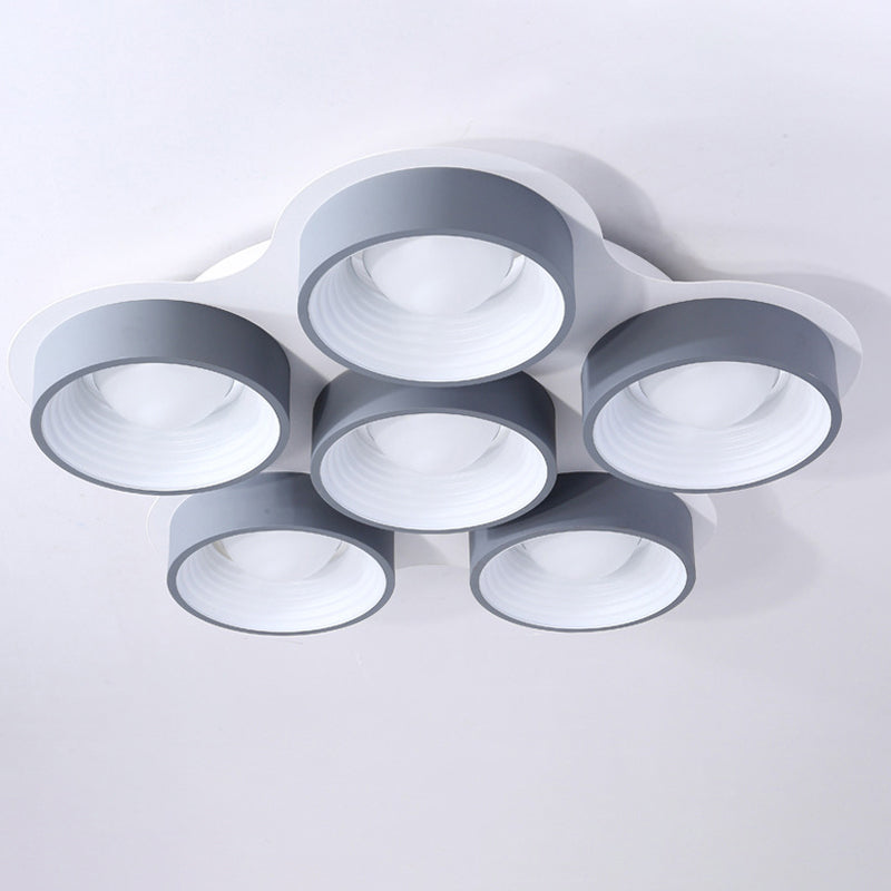 Minimalist Drum LED Ceiling Lamp Metal 4/6 Lights 21.5"/32.5" W Bedroom Flush Mount Ceiling Lighting Fixture in Grey Clearhalo 'Ceiling Lights' 'Close To Ceiling Lights' 'Close to ceiling' 'Flush mount' Lighting' 291497