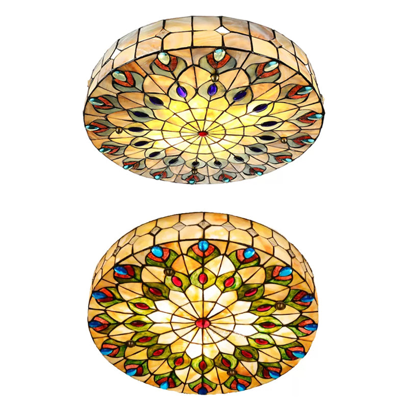 Bedroom Ceiling Lights Tiffany, 4 Lights Drum Flushmount Lighting with Peacock Pattern and Art Glass Shade Clearhalo 'Ceiling Lights' 'Close To Ceiling Lights' 'Close to ceiling' 'Flush mount' Lighting' 2924