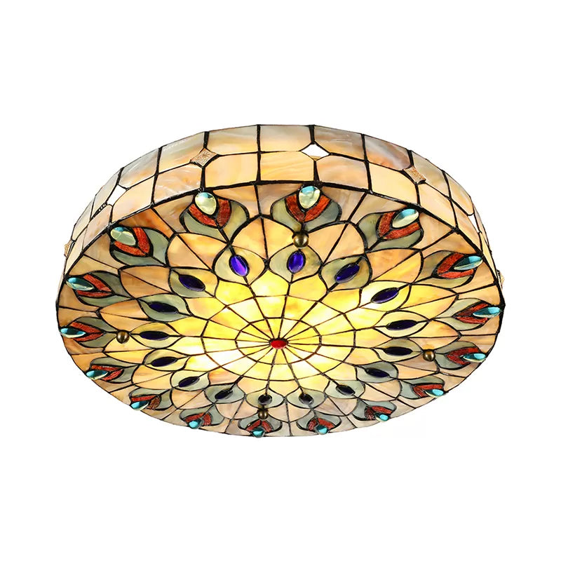 Bedroom Ceiling Lights Tiffany, 4 Lights Drum Flushmount Lighting with Peacock Pattern and Art Glass Shade Clearhalo 'Ceiling Lights' 'Close To Ceiling Lights' 'Close to ceiling' 'Flush mount' Lighting' 2926